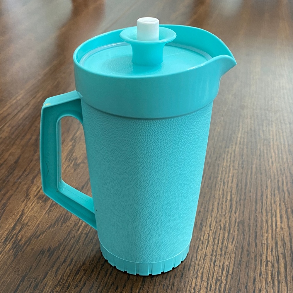 “5/$20” small blue Tupperware pitcher with handle and lid